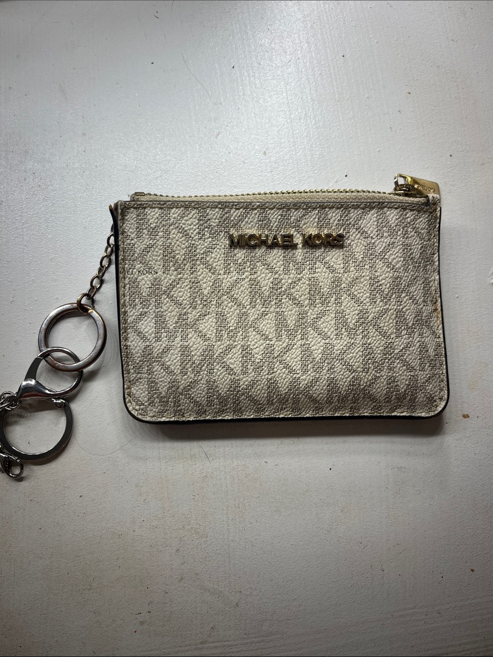 Michael Kors Beige Signature Zip Coin Pouch with Keyring